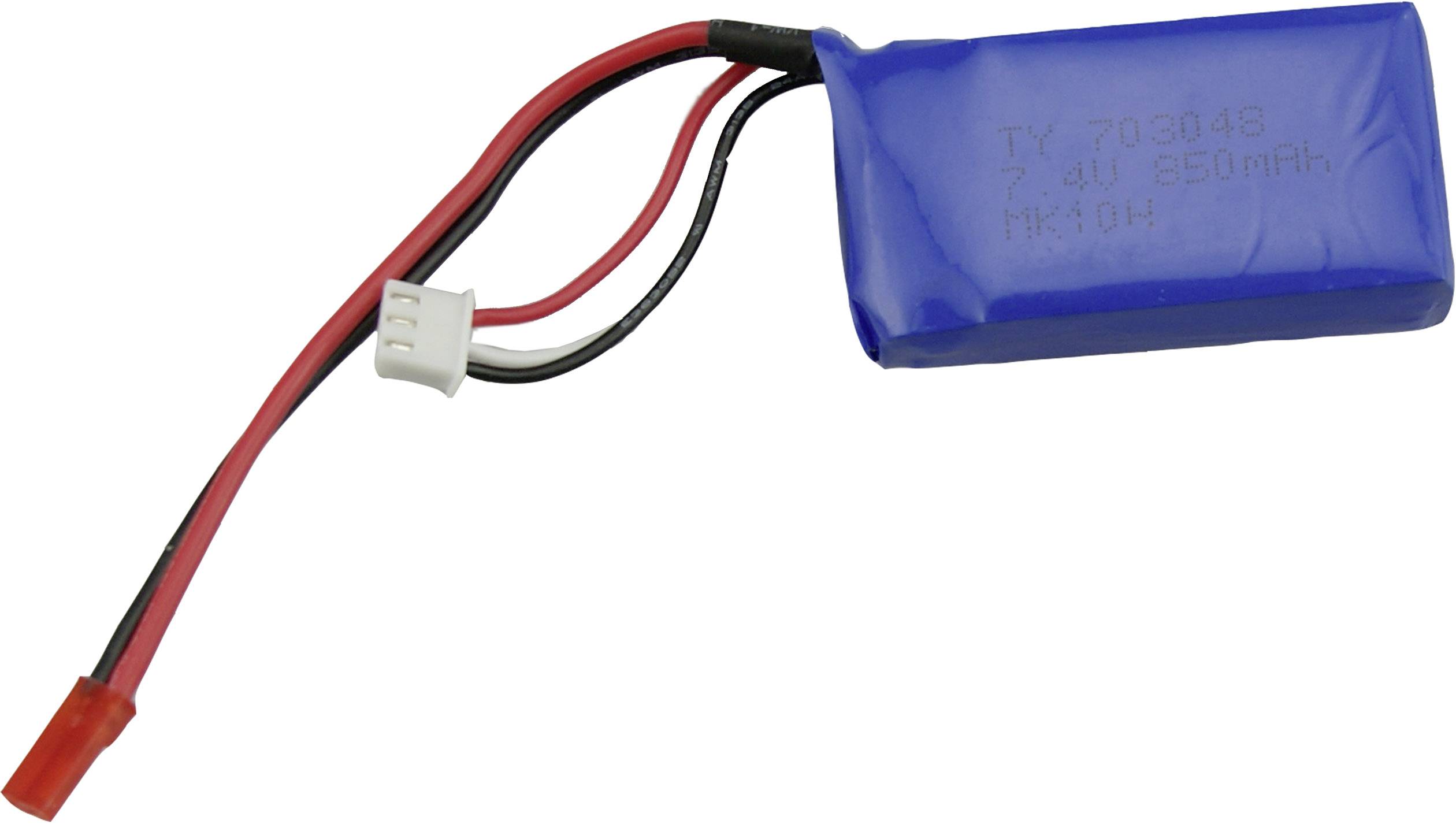 Modrý lithium-polymerový akumulátor, obdélníkový, s červenými a černými vodiči, připojený k bílému konektoru.