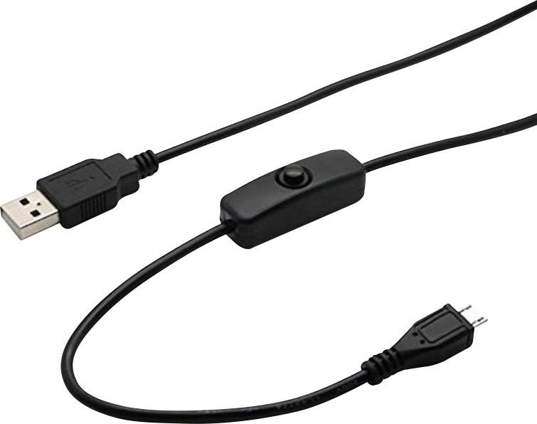 USB kabel se spínačem; jeden konec USB zástrčka, druhý konec Micro-USB. Vhodný pro zapínání a vypínání připojených zařízení.