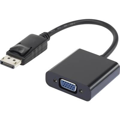 Černý adaptérový kabel z DisplayPortu do VGA, zobrazující DisplayPort konektor na levé straně a VGA port na straně pravé.