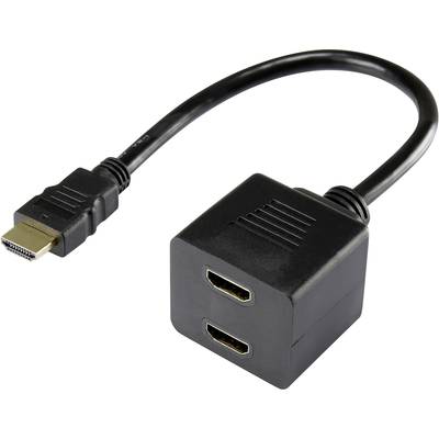Černý HDMI rozdělovací kabel s jedním HDMI konektorem a dvěma HDMI zásuvkami, vhodný pro připojení dvou zařízení k jednomu zdroji.