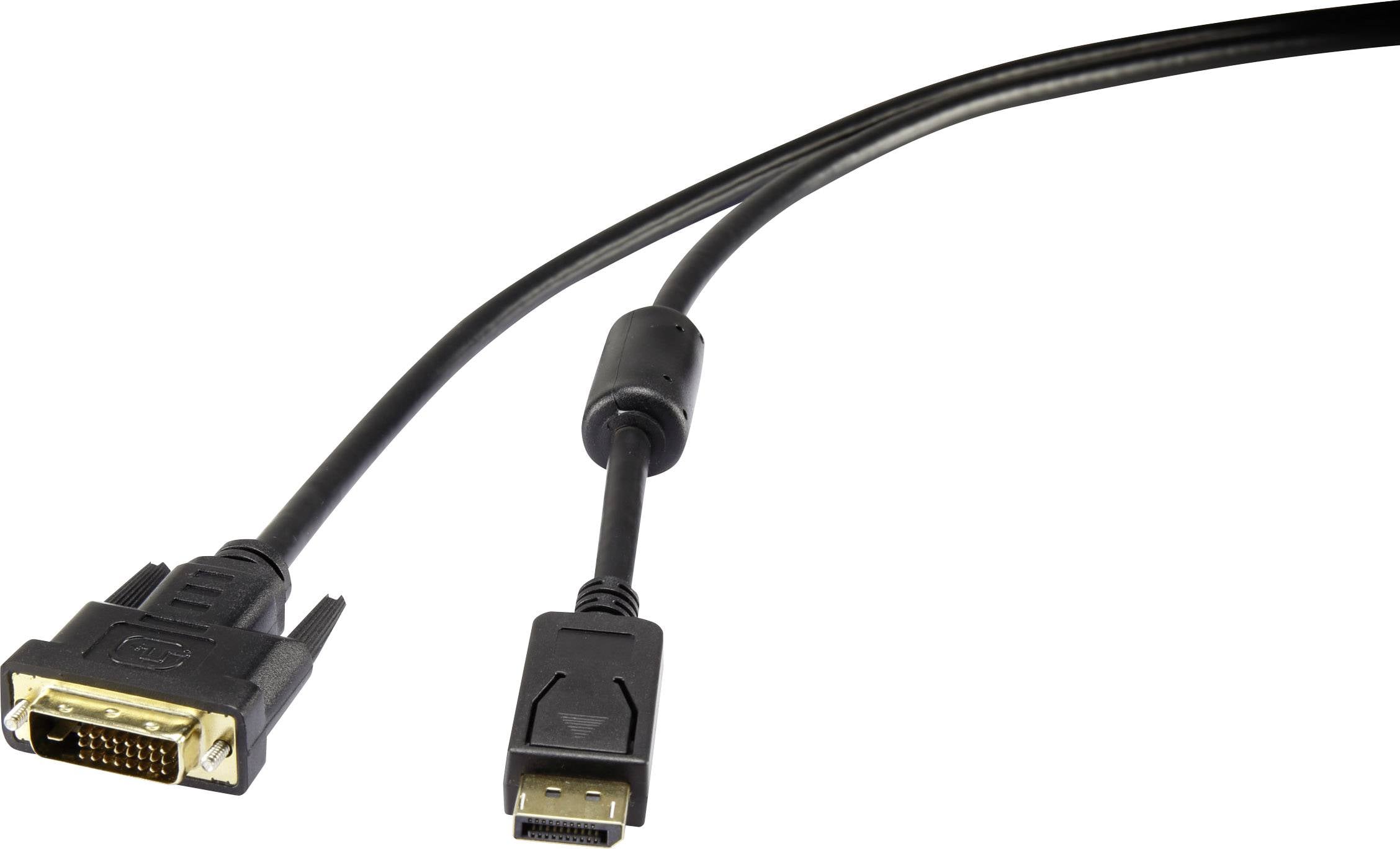 Černý kabel s DVI konektorem (vlevo) a HDMI konektorem (vpravo); slouží k propojení digitálních zařízení.