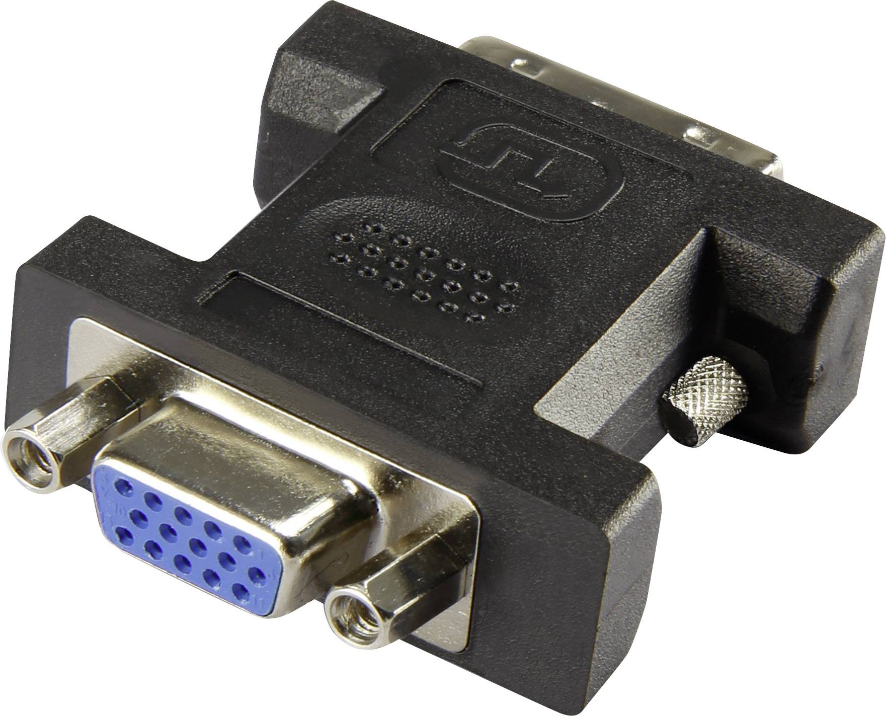 Černý adaptérový konektor z DVI na VGA. Adaptér má modrý VGA konektor s 15 piny a na druhé straně konektor DVI.