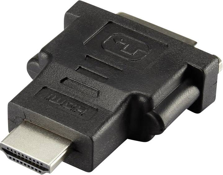 Černý HDMI-DVI adaptér, obdélníkového tvaru, s HDMI zástrčkou a DVI konektorem, slouží k propojení HDMI a DVI zařízení.