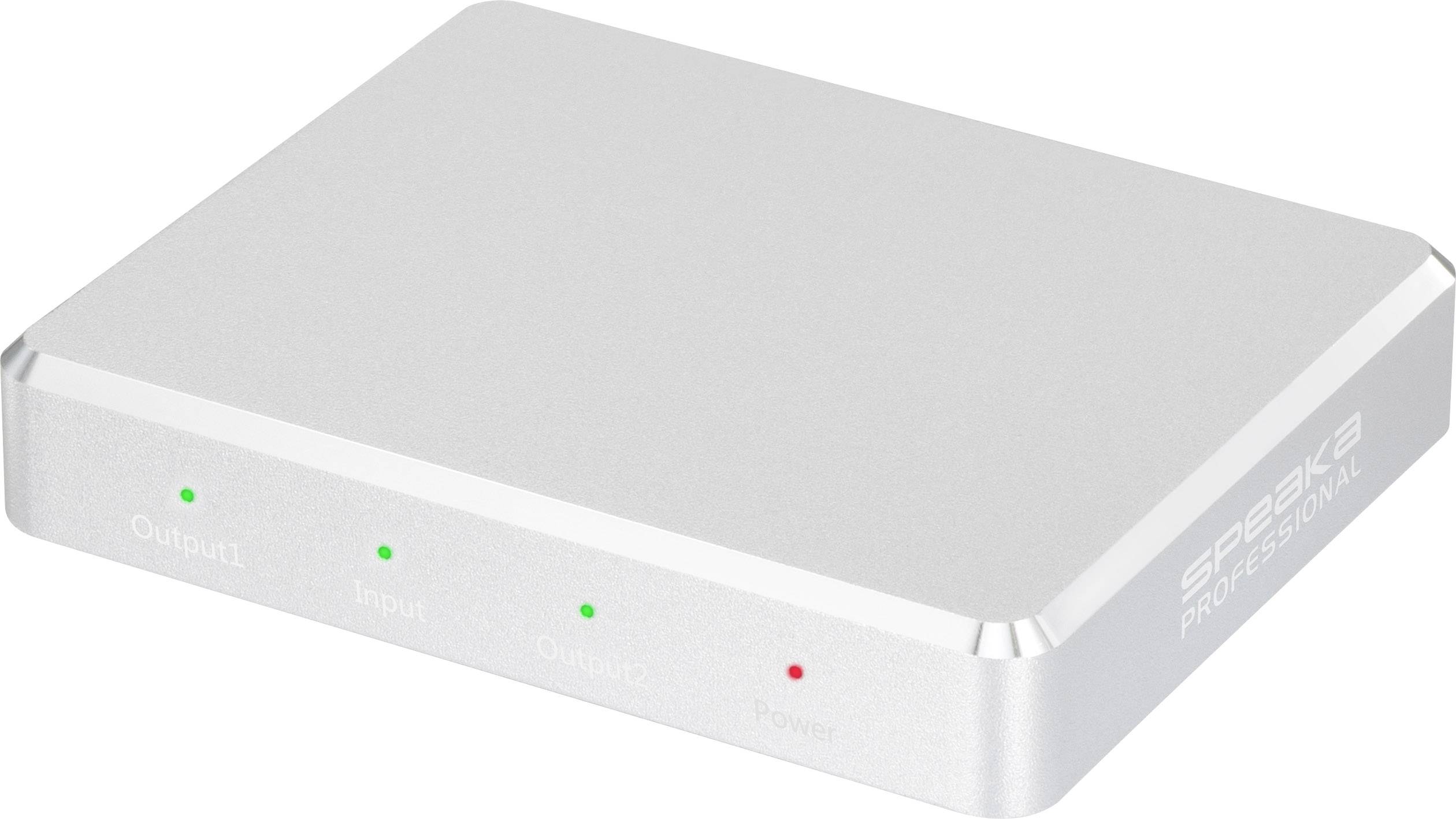 Stříbrný HDMI rozbočovač se čtyřmi svítícími LED indikátory na přední straně, které zobrazují stav vstupů a napájení.