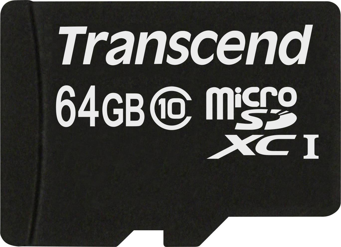 Černá mikroSD paměťová karta s nápisem 'Transcend 64GB Micro SDXC I'.