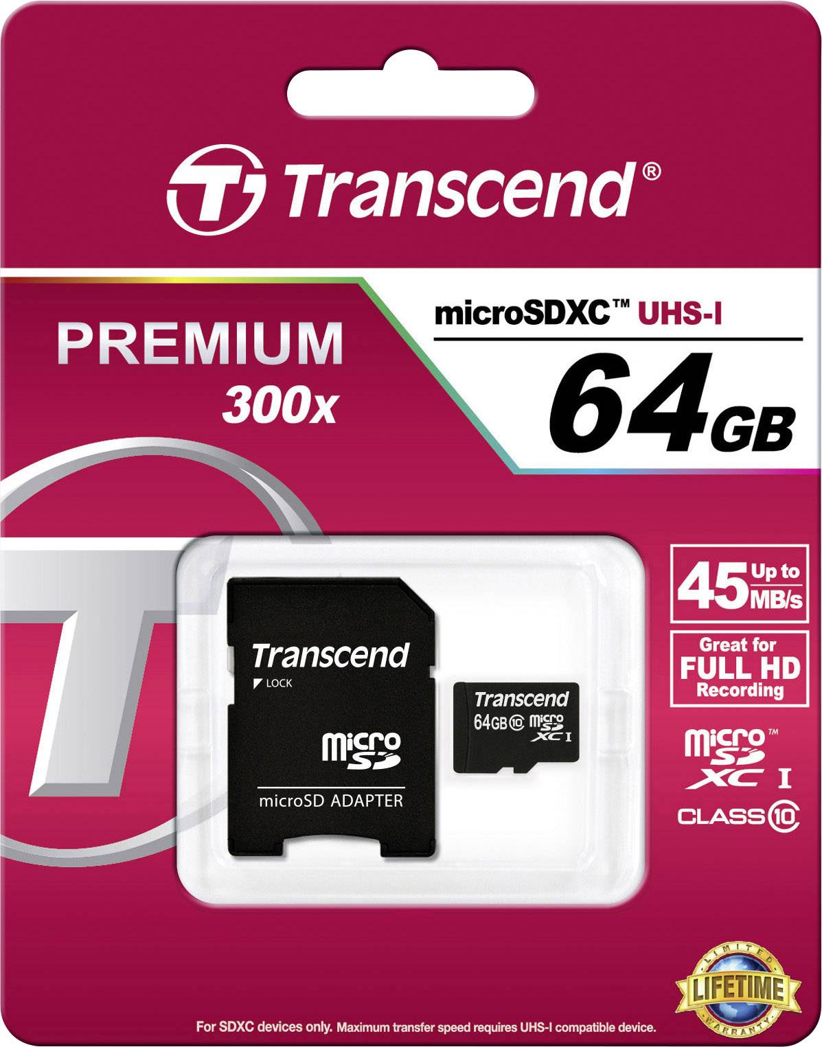 Transcend mikroSDXC paměťová karta o kapacitě 64 GB s adaptérem, podporující přenosovou rychlost až 45 MB/s pro nahrávání Full-HD videa.