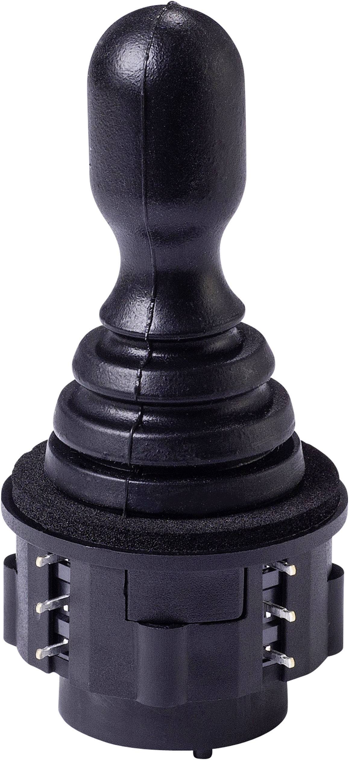 Černý vertikální joystick s několika kontakty u základny, používaný pro ovládání elektronických zařízení.