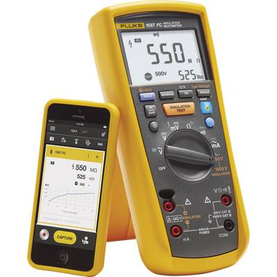Žluté multimetr ukazuje naměřenou hodnotu 550 MΩ. Vedle přístroje je smartphone, na kterém je zobrazeno stejné měření.
