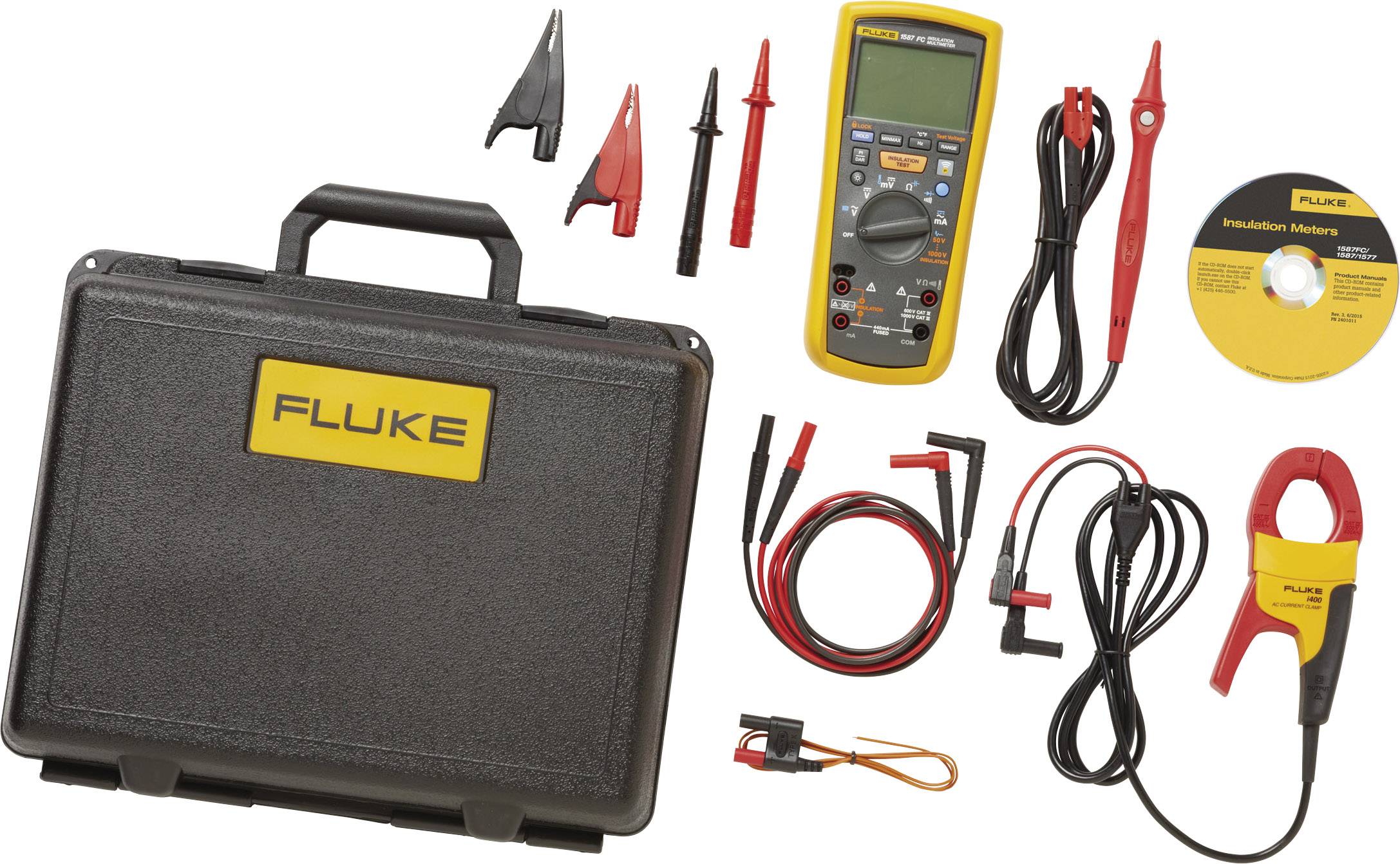 Sada digitálního multimetru Fluke s měřicími přístroji, kabely, svorkami, návodem k obsluze a přepravním pouzdrem. Perfektní pro technická měření.