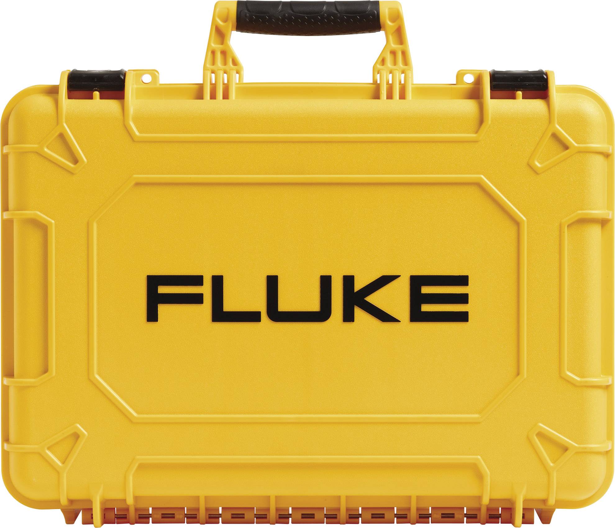 Žlutý kufřík na nářadí s černým nápisem 'FLUKE' na přední straně, navržený pro bezpečnou přepravu nástrojů nebo přístrojů.
