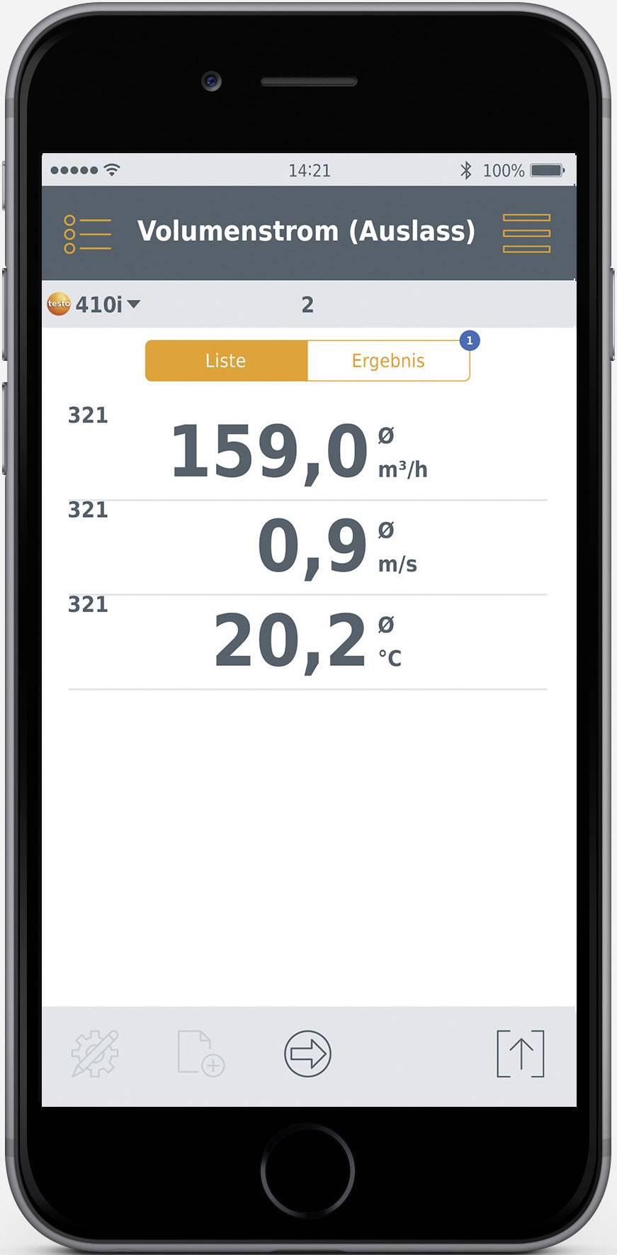 Chytrý telefon zobrazuje aplikaci pro monitorování průtoku s hodnotami: 159,0 m³/h, 0,9 m/s, 20,2 °C.