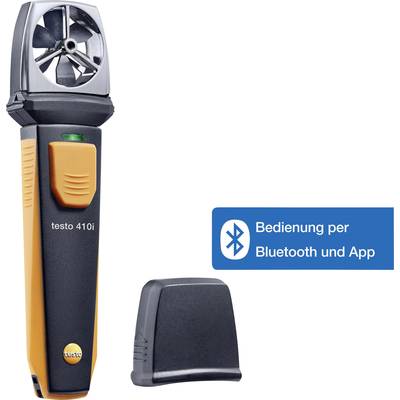 Přenosný anemometr s bluetooth konektivitou a ovládáním přes aplikaci, model „testo 410i", oranžovo-černý, s ochranným krytem.