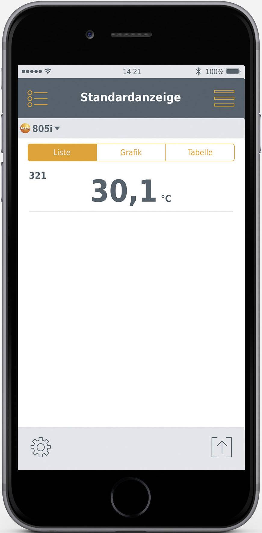 Displej smartphonu zobrazuje aplikaci s 'Standardním zobrazením', teplota 30,1 °C. Možnosti: "Seznam", "Graf", "Tabulka". Ikona nastavení dole.