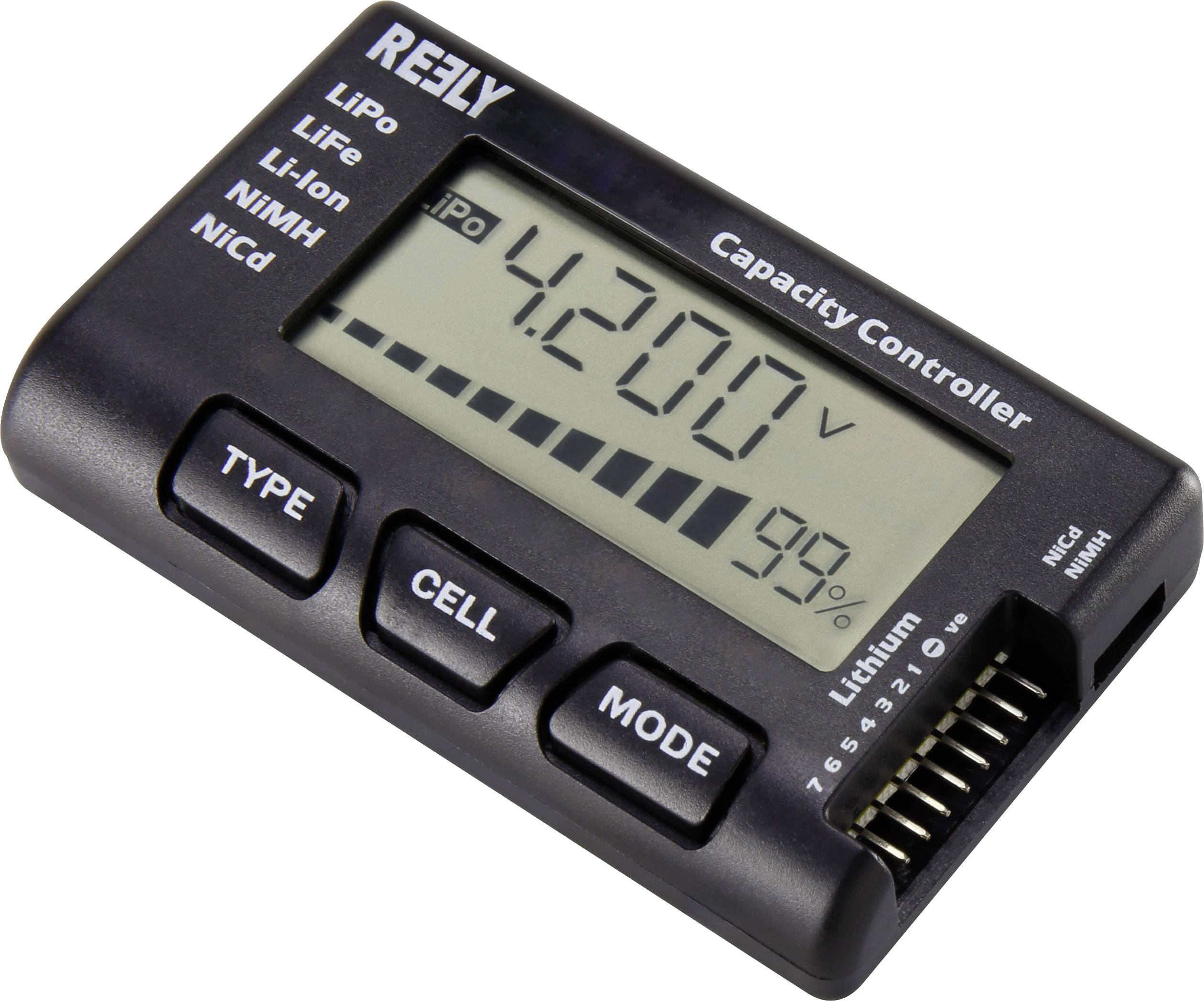 LCD tester baterií pro lithiové akumulátory. Zobrazuje '4,200V' a '99%'. Tlačítka pro 'Typ', 'Článek', 'Režim' dole.