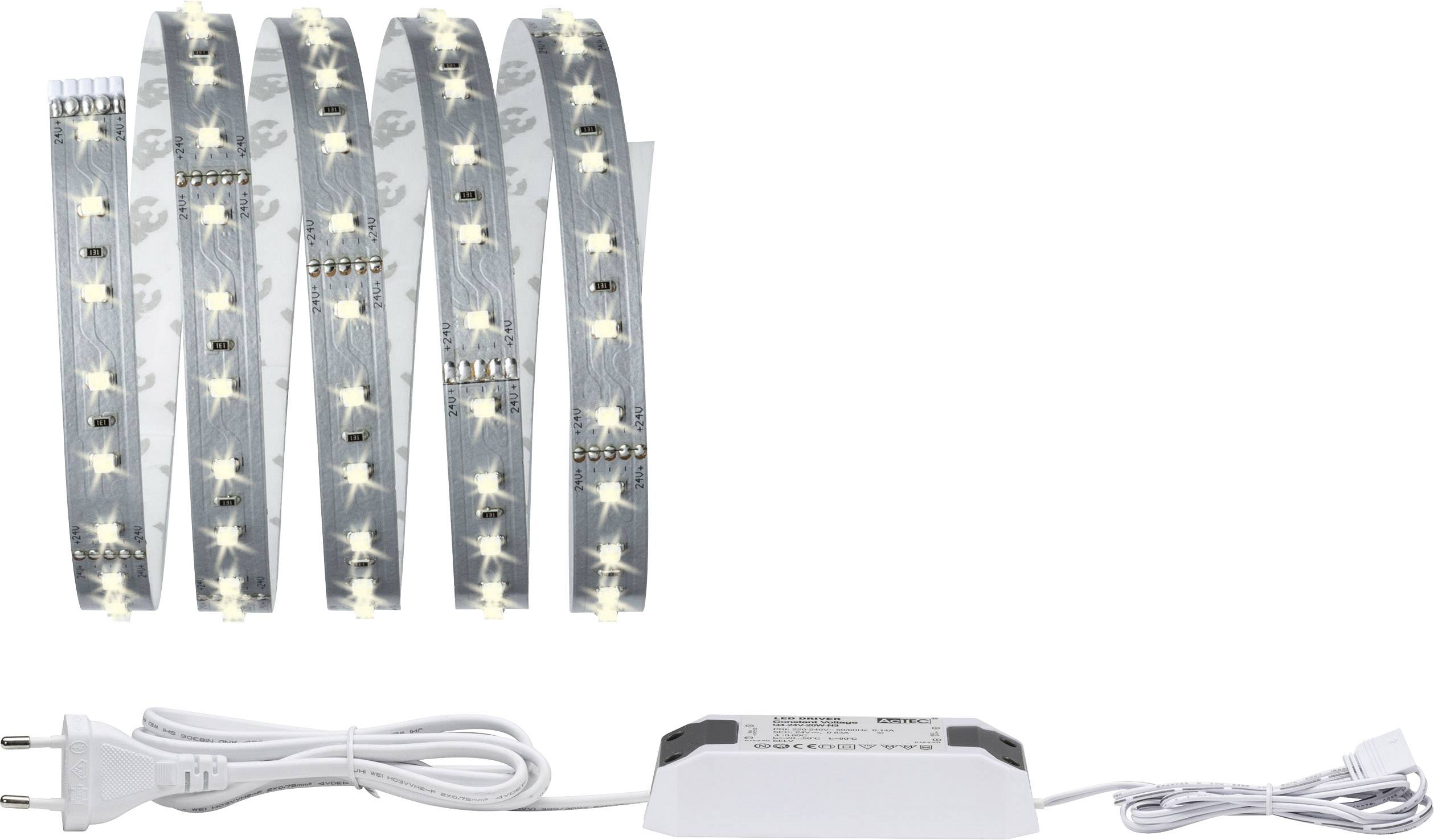 LED světelný pás se síťovým adaptérem. Pásy jsou flexibilně navržené a vykazují svítící LED diody v pravidelných intervalech.