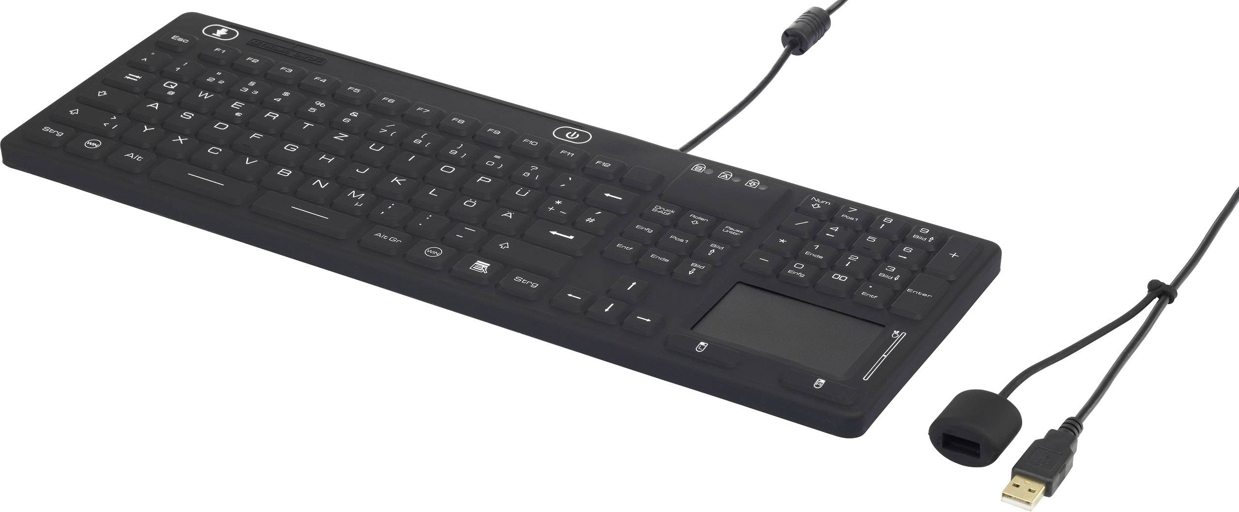 Černá klávesnice s touchpadem a USB kabelem, vhodná pro počítače a další zařízení, s kompaktním designem pro úsporné využití místa.