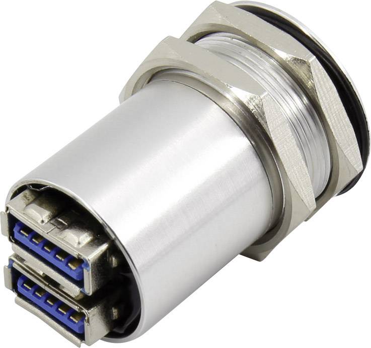 USB 3.0 zásuvka s kovovým pouzdrem a dvojitým konektorem. Vhodná pro robustní aplikace, nabízí rychlý přenos dat.