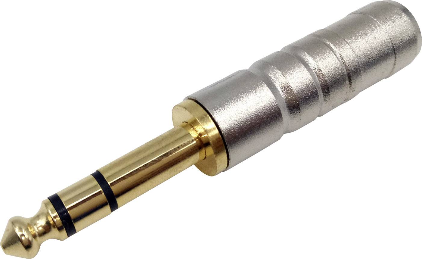 Audiokonektor jack 6,35 mm v zlaté a stříbrné barvě pro připojení audio zařízení.
