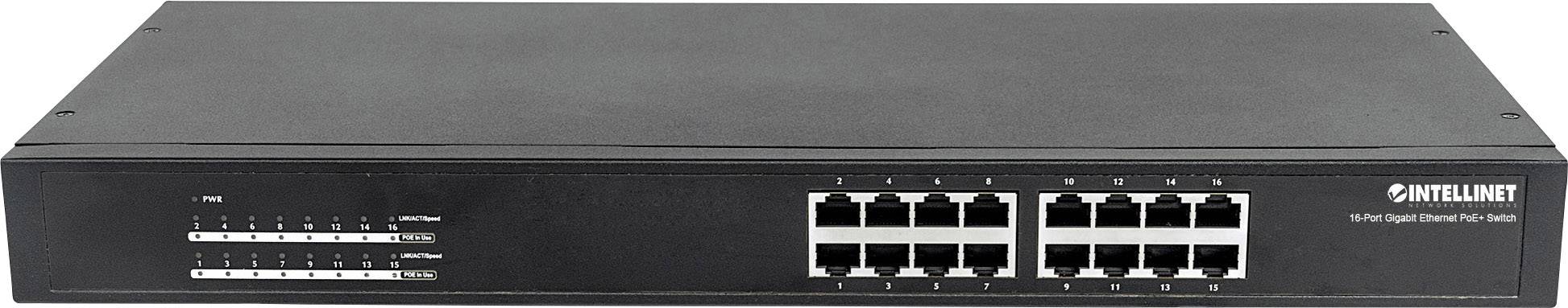 Černý síťový switch se 16 ethernetovými porty. Název značky na pravé straně. Používán pro správu sítí.