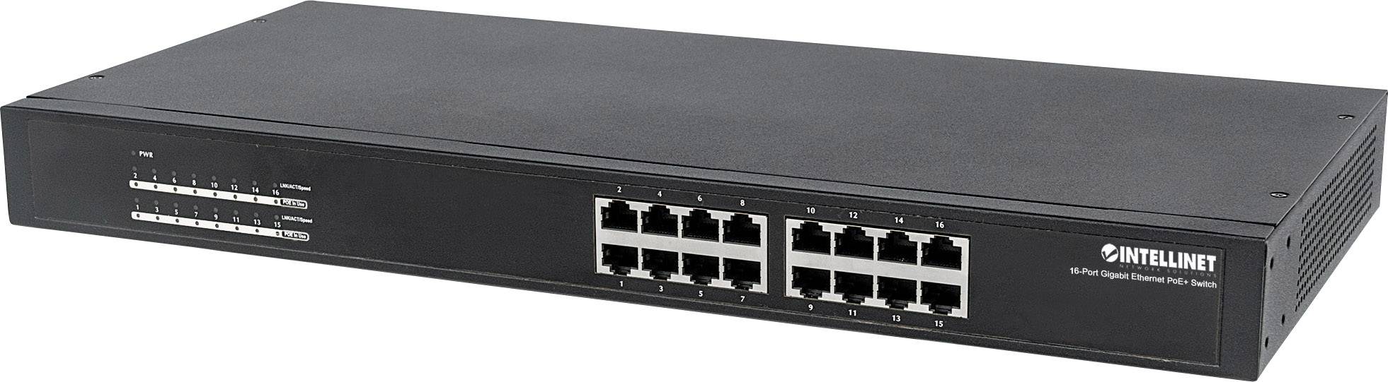 Síťový switch s 16 ethernetovými porty, vhodný pro správu a distribuci síťových připojení v kanceláři.