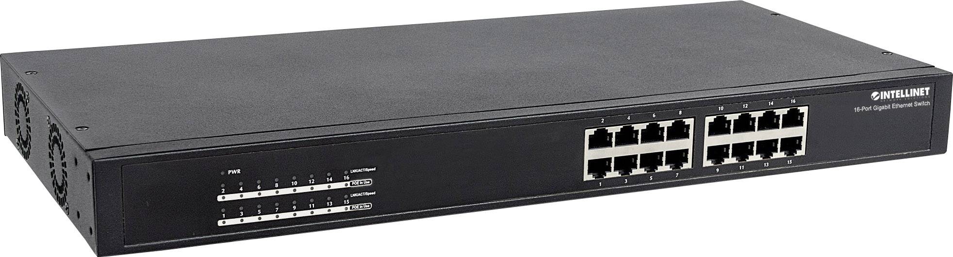Černý síťový switch se 16 ethernetovými porty a LED indikátory na přední straně. Určen pro datovou komunikaci v síti.