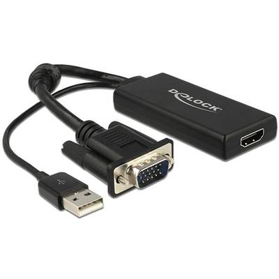 VGA-HDMI adaptér s USB kabelem, značka Delock. Umožňuje připojení zařízení s VGA výstupem k HDMI portům.
