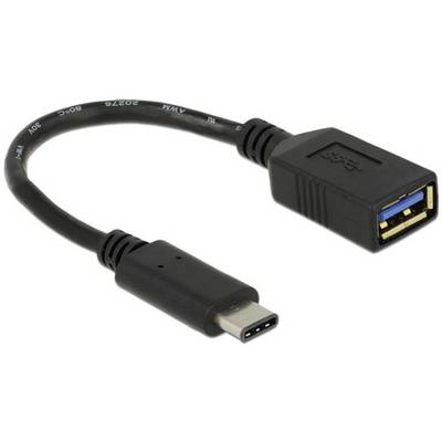 Adaptační kabel USB-C na USB-A, černý. USB-C konektor vlevo, USB-A zásuvka vpravo. Usnadňuje připojení zařízení s USB-A ke konektorům USB-C.
