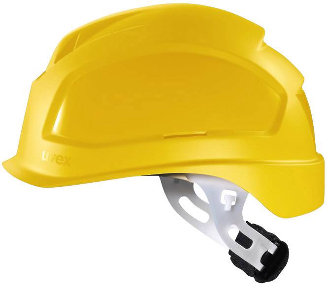 Žlutá bezpečnostní přilba s nastavitelným vnitřním popruhem, boční ventilací a ergonomickým designem pro použití v pracovní ochraně.