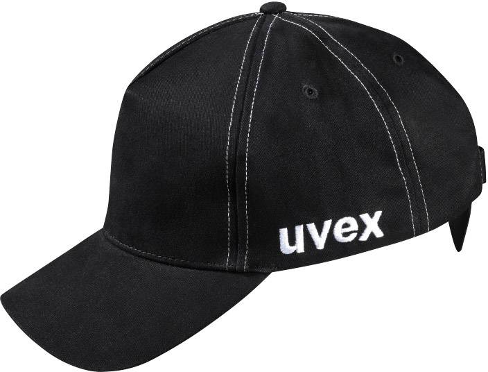 Černá baseballová čepice s bílým logem 'uvex' na straně, s kontrastními švy podél panelů.