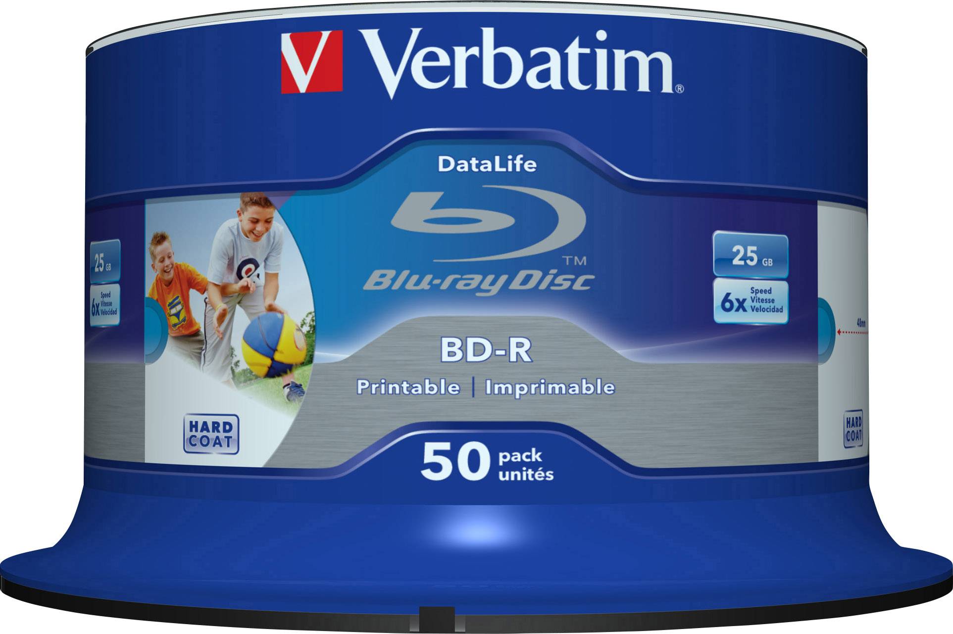 Verbatim BD-R 50-kusů ve spindle obalu, 25 GB na disk, tisknutelné, rychlost 6x, s tvrdým povrchem.