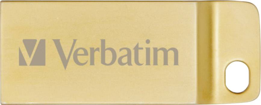 Zlatý USB flash disk s logem 'Verbatim'. Obsahuje otvor pro zavěšení.