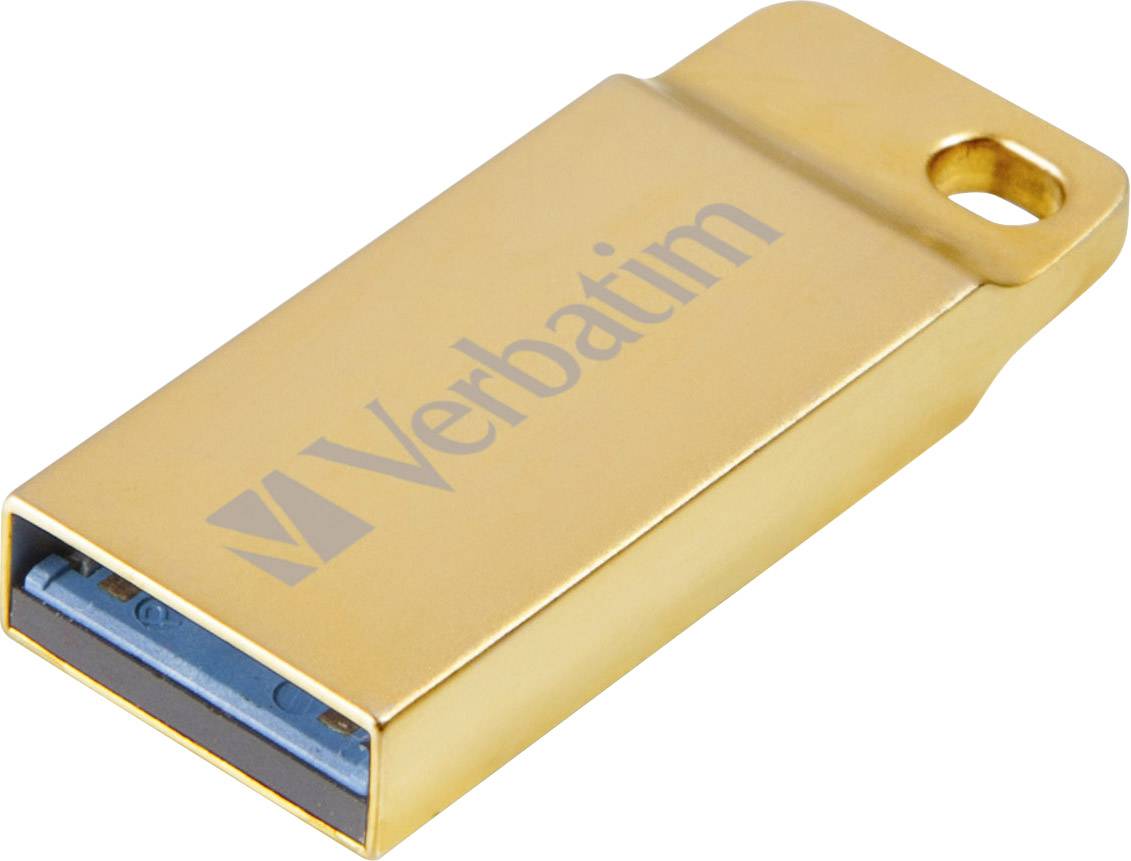 Zlatý USB flash disk s logem 'Verbatim' a kroužkem na konci.