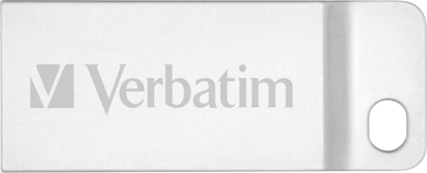 Stříbrný USB disk s logem značky 'Verbatim' na povrchu. Na jednom konci obsahuje otvor pro připevnění na klíčenku.