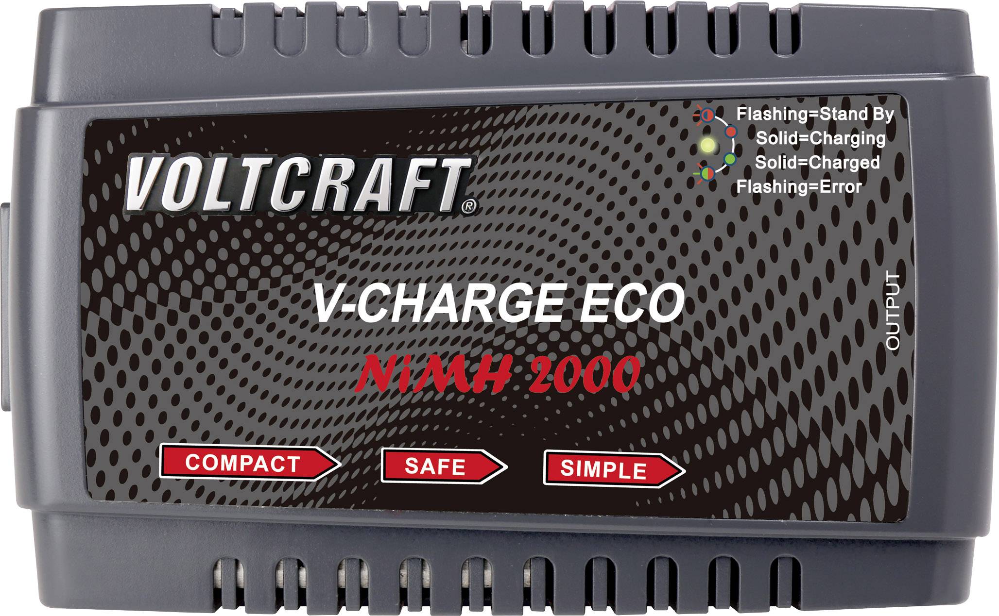 Nabíječ 'VOLTCRAFT V-CHARGE ECO NIMH 2000'; zobrazuje LED diody pro stavy: pohotovostní, nabíjení, chyba; vlastnosti: kompaktní, bezpečný, jednoduchý.