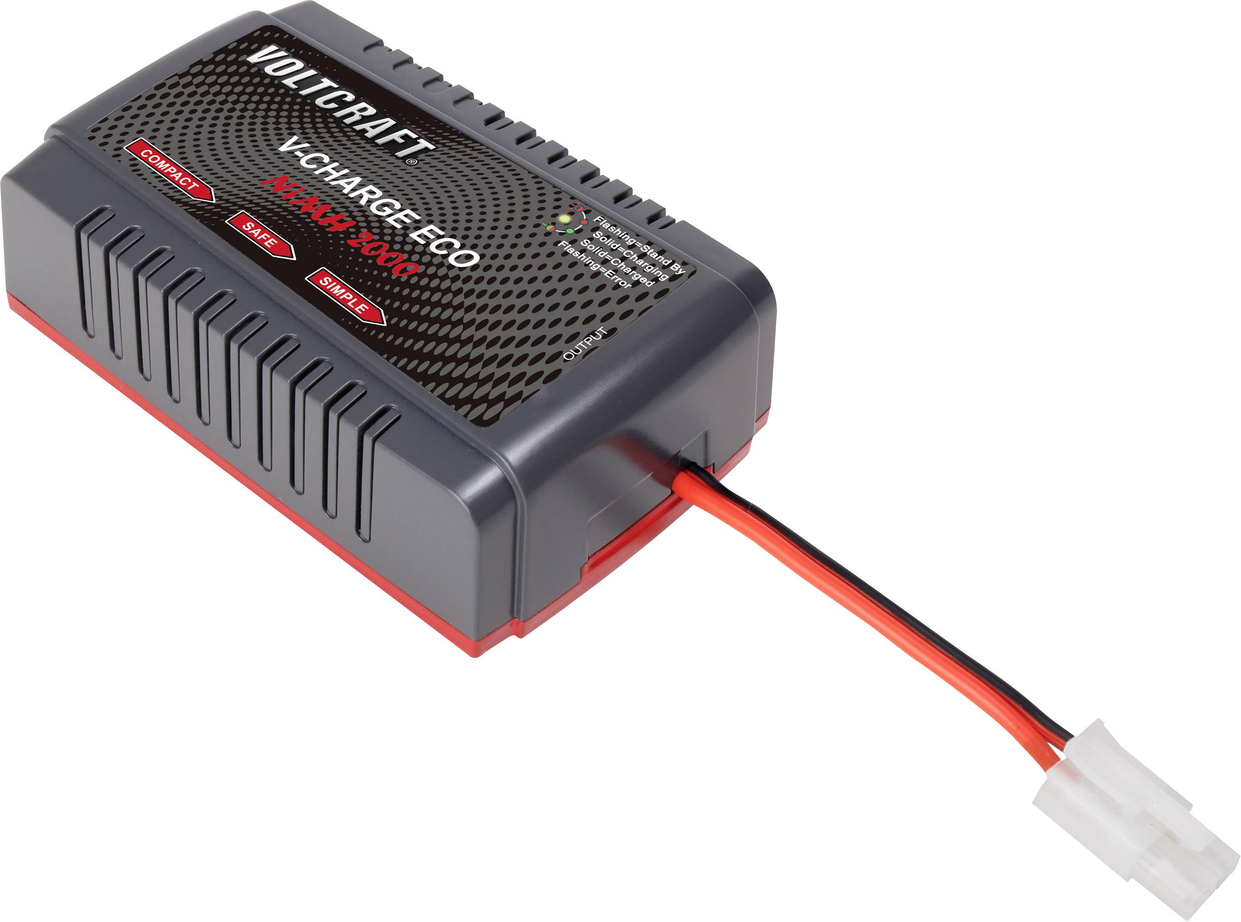 Nabíječka od Voltcraftu s modelovým označením 'V-Charge Eco'. Má černý povrch s větracími otvory a kabel se zástrčkou.