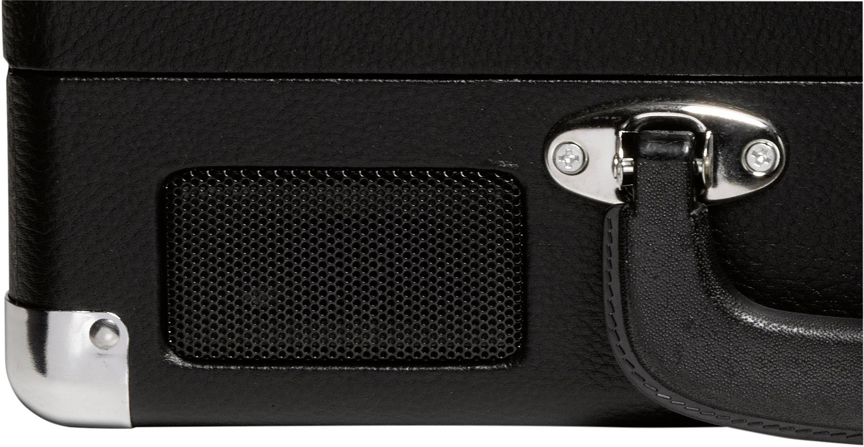 Černá aktovka s rukojetí a kovovými akcenty, zaostřeno na oblast zámku vpravo.