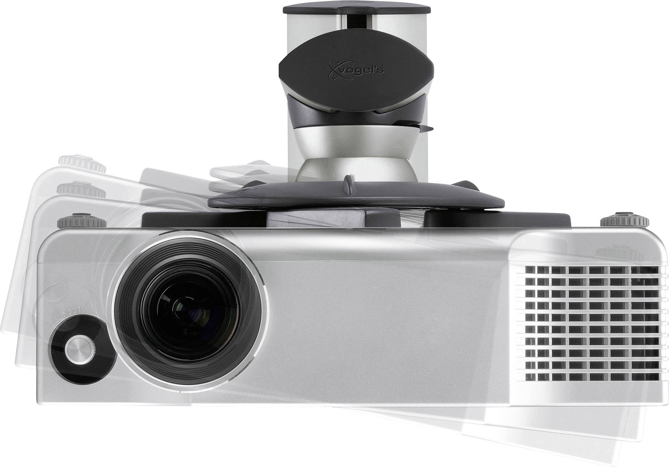 Stříbrný projektor s nastavitelnou čočkou a větracími otvory na přední straně, zobrazený v různých úhlech náklonu.