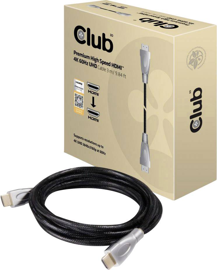 Balení a HDMI kabel. Na obalu je napsáno: 'Premium High Speed HDMI 4K 60Hz UHD, kabel 3m / 9,84 stop'.