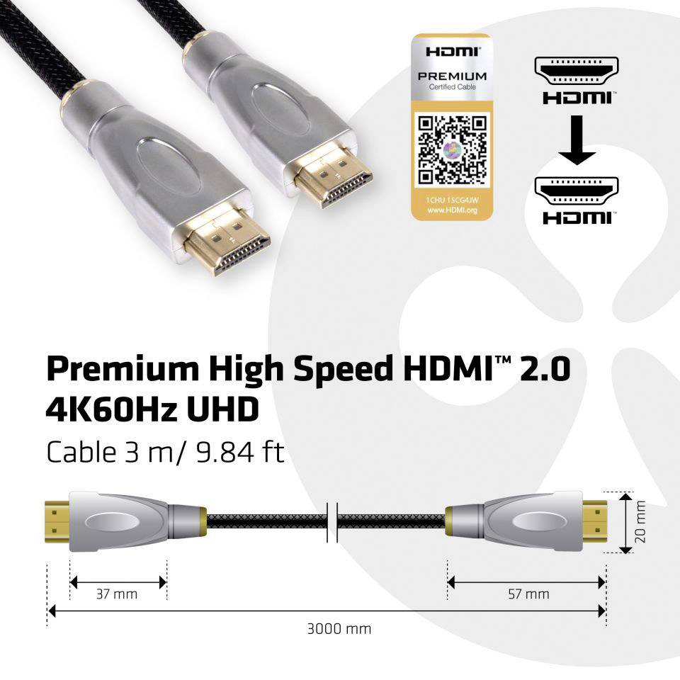 "Prémiový vysokorychlostní HDMI 2.0 kabel, 4K60Hz, délka 3 m / 9,84 ft, šířka konektoru 37 mm, vhodný pro HDMI porty" je uvedeno na obalu.