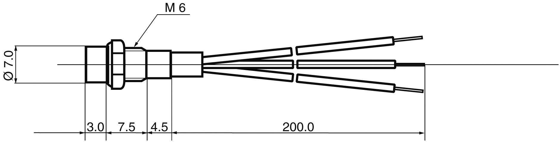 Technický výkres zástrčky s rozměry: průměr 7 mm, délka 200 mm, se třemi vodiči.