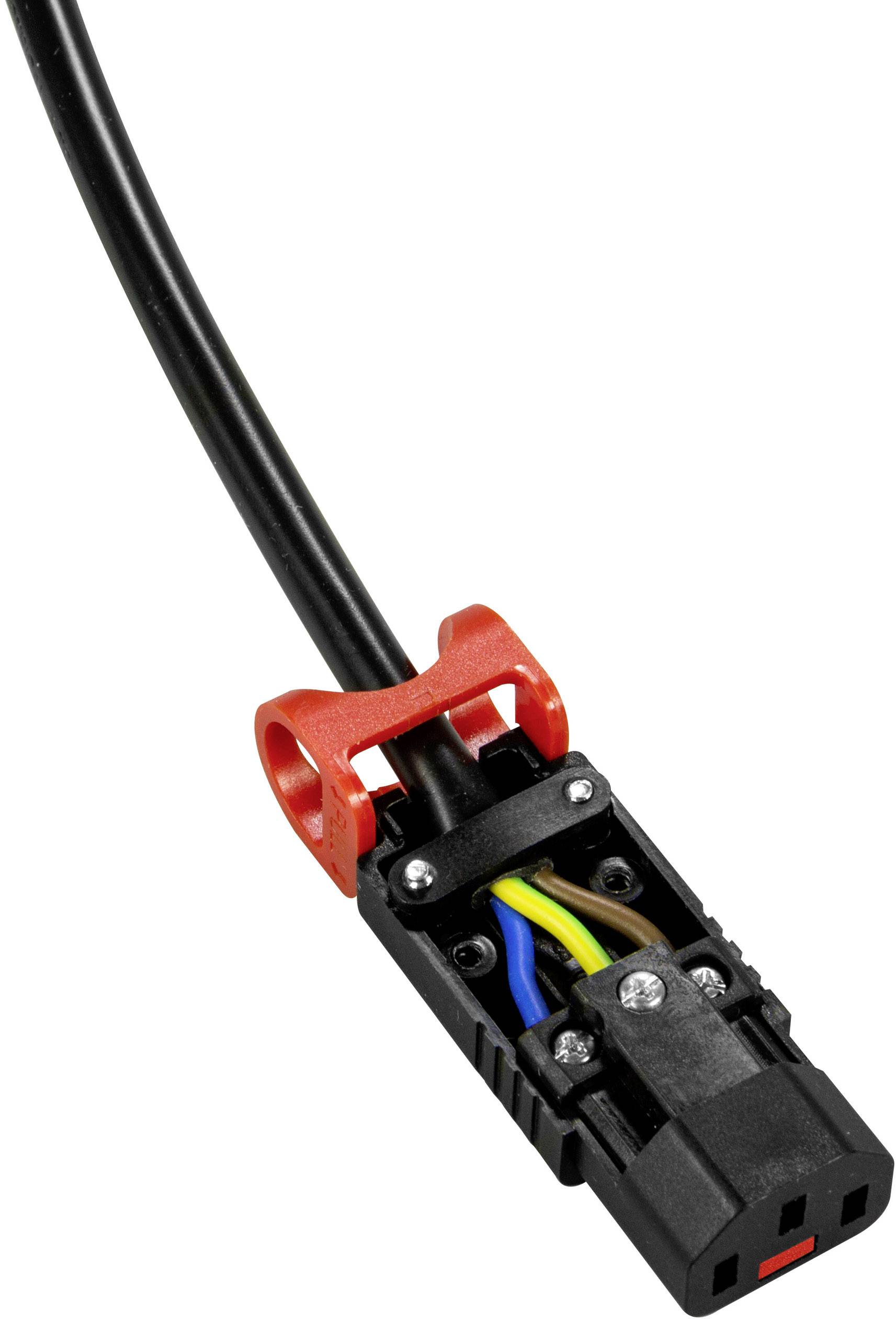 Černá elektrická zástrčka s červenými svorkami, s viditelnými kabely v modré, žluté a zelené barvě.