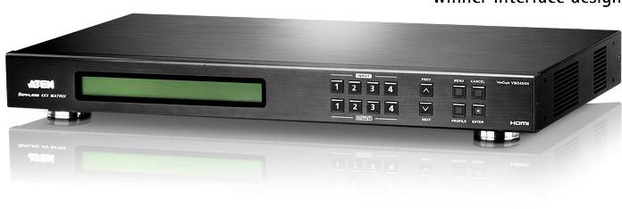 Přepínač ATEN 4K-HDMI-Matrix s ovládacími tlačítky a displejem vpředu. Vstupy a výstupy umožňují přepínání mezi různými HDMI zdroji.