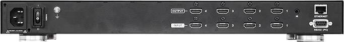 Zadní pohled na elektronické zařízení s několika HDMI porty, ethernetovým (LAN) konektorem a napájecím vypínačem vlevo.
