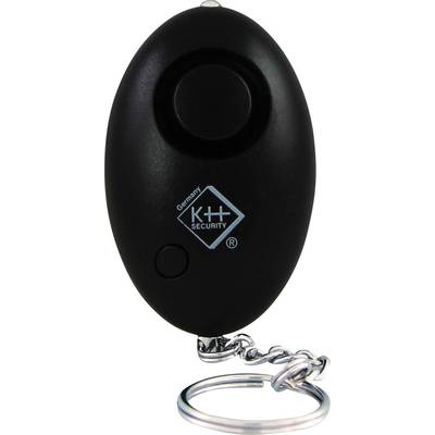 Oválný černý přívěsek na klíče s jedním tlačítkem a řetízkem. Logo 'K+H Security' je viditelné uprostřed.
