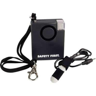 Černý osobní alarm s nápisem 'SAFETY FIRST', poutkem na zavěšení a odnímatelným bezpečnostním kolíkem.