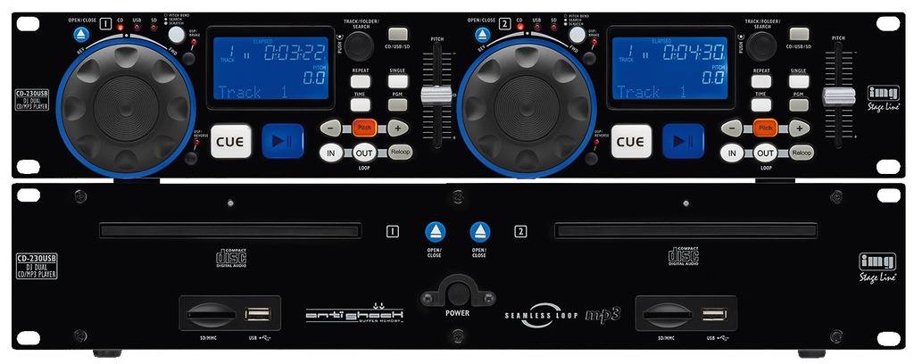 Dvojitý DJ CD přehrávač s LCD displeji, tlačítky pro CUE a přehrávání, jogwheely a USB porty, vhodný pro hudební mixy.