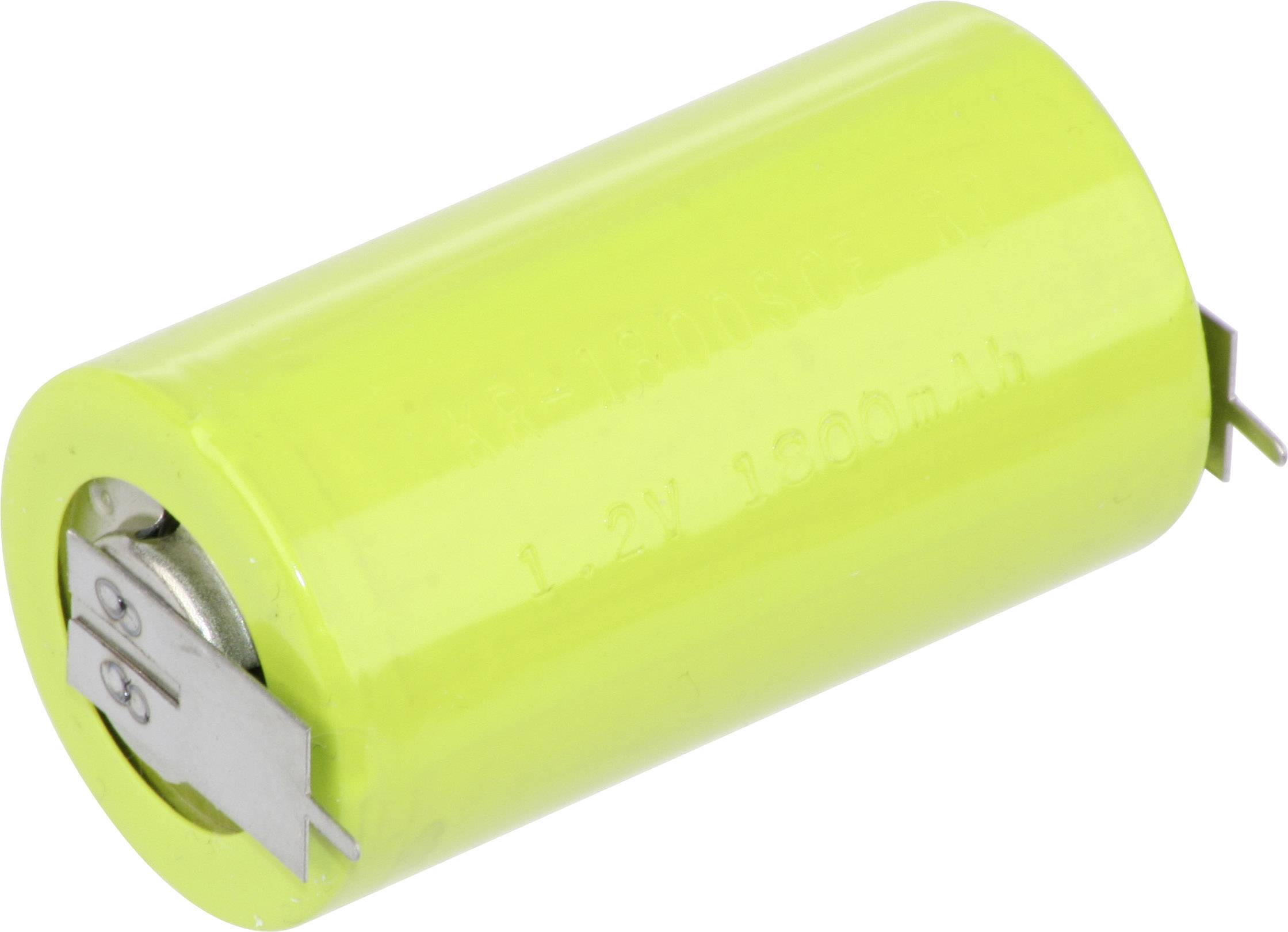 Jedna žlutá bateriová článek s kovovými výstupky, 1,2V 1000mAh kapacita, vhodná pro elektronická zařízení.