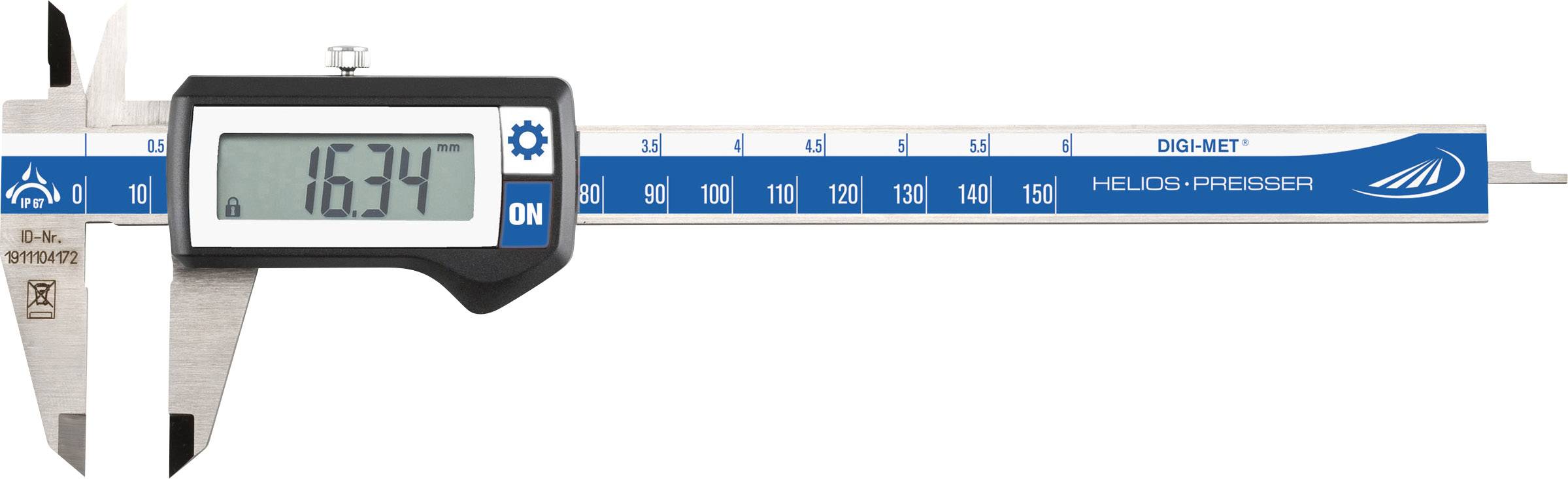 Digitální posuvné měřítko zobrazuje '16,34' na displeji, měřicí rozsah od 0 do 150 mm, modro-stříbrný design.