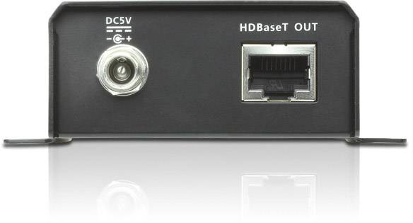 HDBaseT vysílač s přípojkami: vlevo napájecí konektor DC5V, vpravo HDBaseT výstupní konektor pro přenos videa.