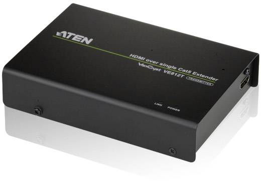 Černé zařízení ATEN HDMI extender, model VE812R. Navrženo pro přenos HDMI signálu přes Cat5e/6, s indikátory propojení a napájení.